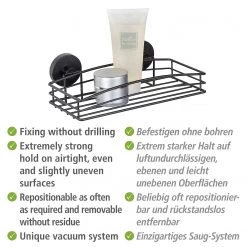 WENKO Étagère murale Vacuum-Loc - Acier inoxydable - Noir -Accessoires de salle de bain Soldes 1000271200 210608 11215100604 DETAILS P000000001000271200