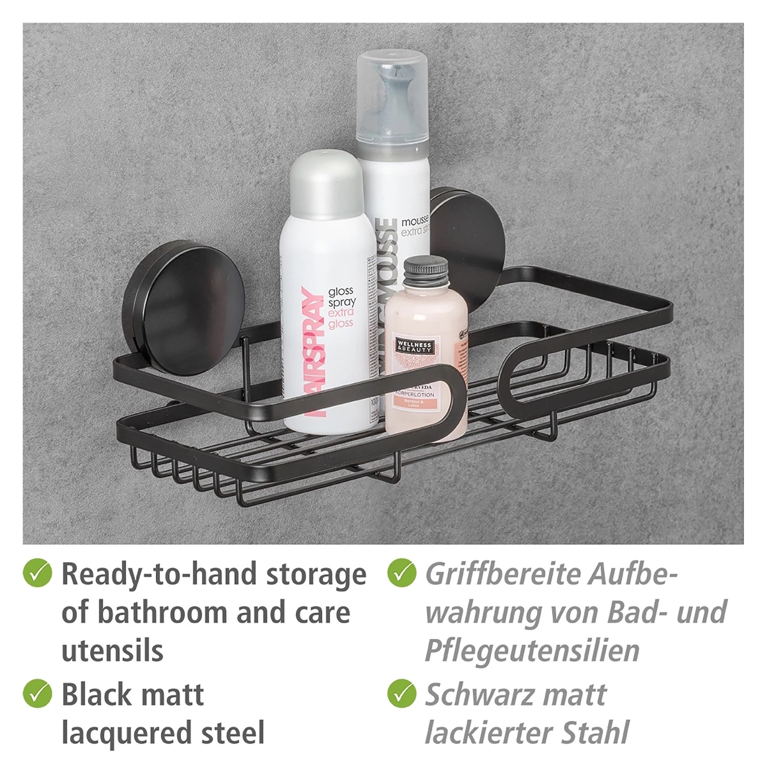 WENKO Étagère murale Static-Loc Pavia - Acier inoxydable / ABS - Noir 4 WENKO Étagère murale Static-Loc Pavia - Acier inoxydable / ABS - Noir – Image 4