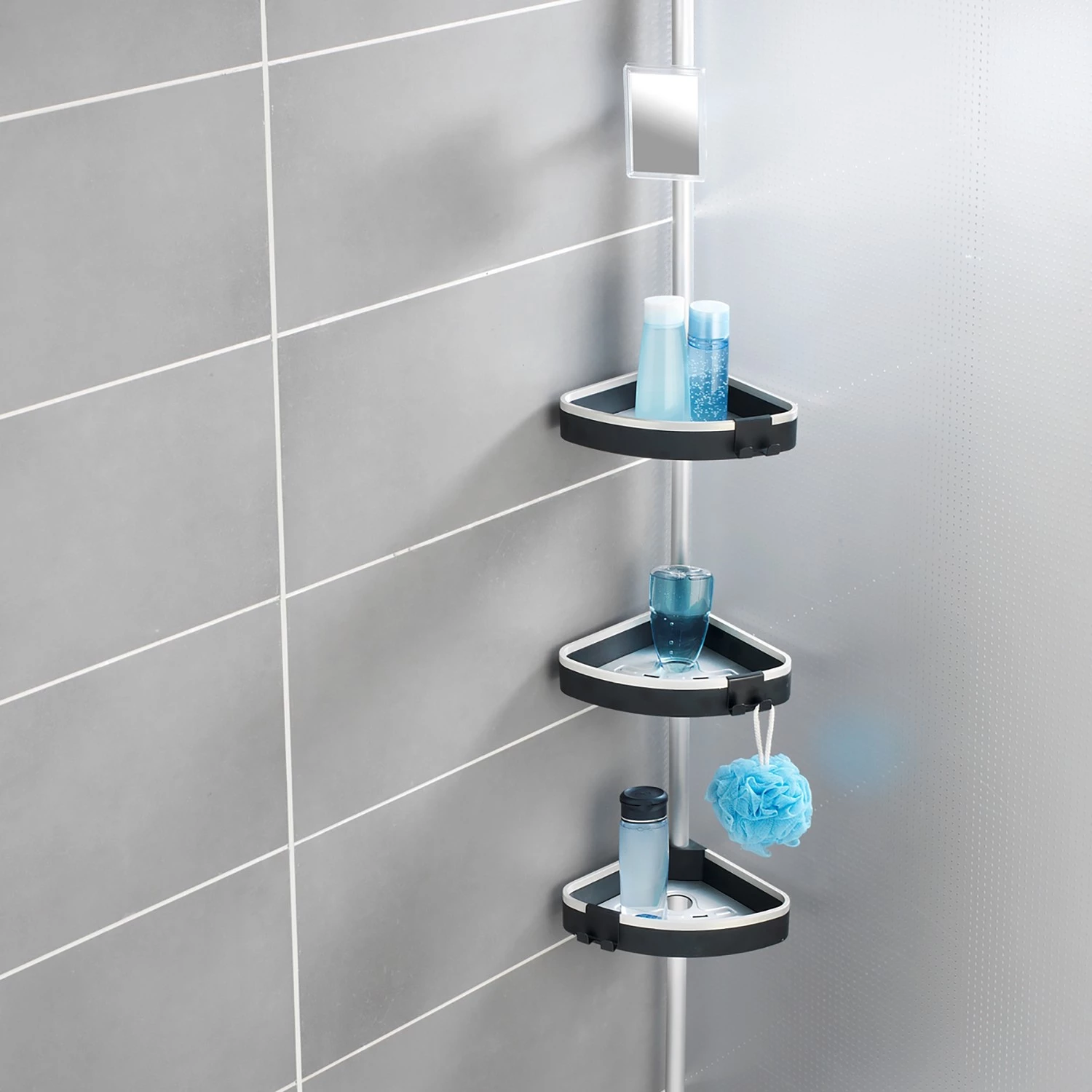 WENKO Étagère de douche télescopique Wave - Aluminium / Polypropylène - Argenté / Noir 2 WENKO Étagère de douche télescopique Wave - Aluminium / Polypropylène - Argenté / Noir – Image 2