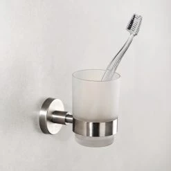 WENKO Porte brosses à dents Uno Bosio I - Verre dépoli / Acier inoxydable - Argenté -Accessoires de salle de bain Soldes 1000287162 210827 13302600260 DETAILS P000000001000287162