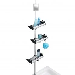 WENKO Étagère de douche téléscopique Line - Aluminium / Polypropylène - Argenté / Noir -Accessoires de salle de bain Soldes 1000287182 210827 13303400383 DETAILS P000000001000287182