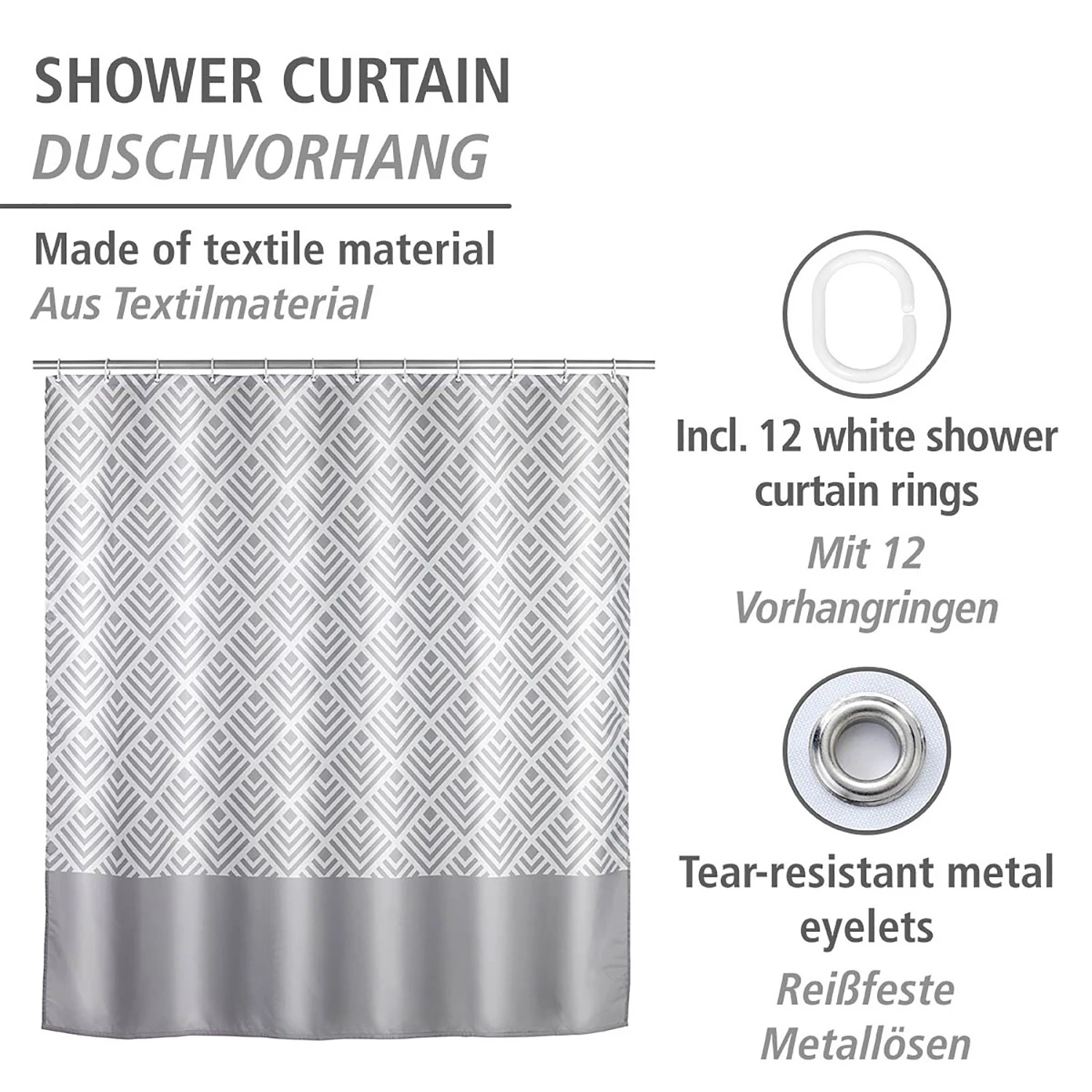 WENKO Rideau de douche Echo - Polyester - Gris / Blanc 2 WENKO Rideau de douche Echo - Polyester - Gris / Blanc – Image 2