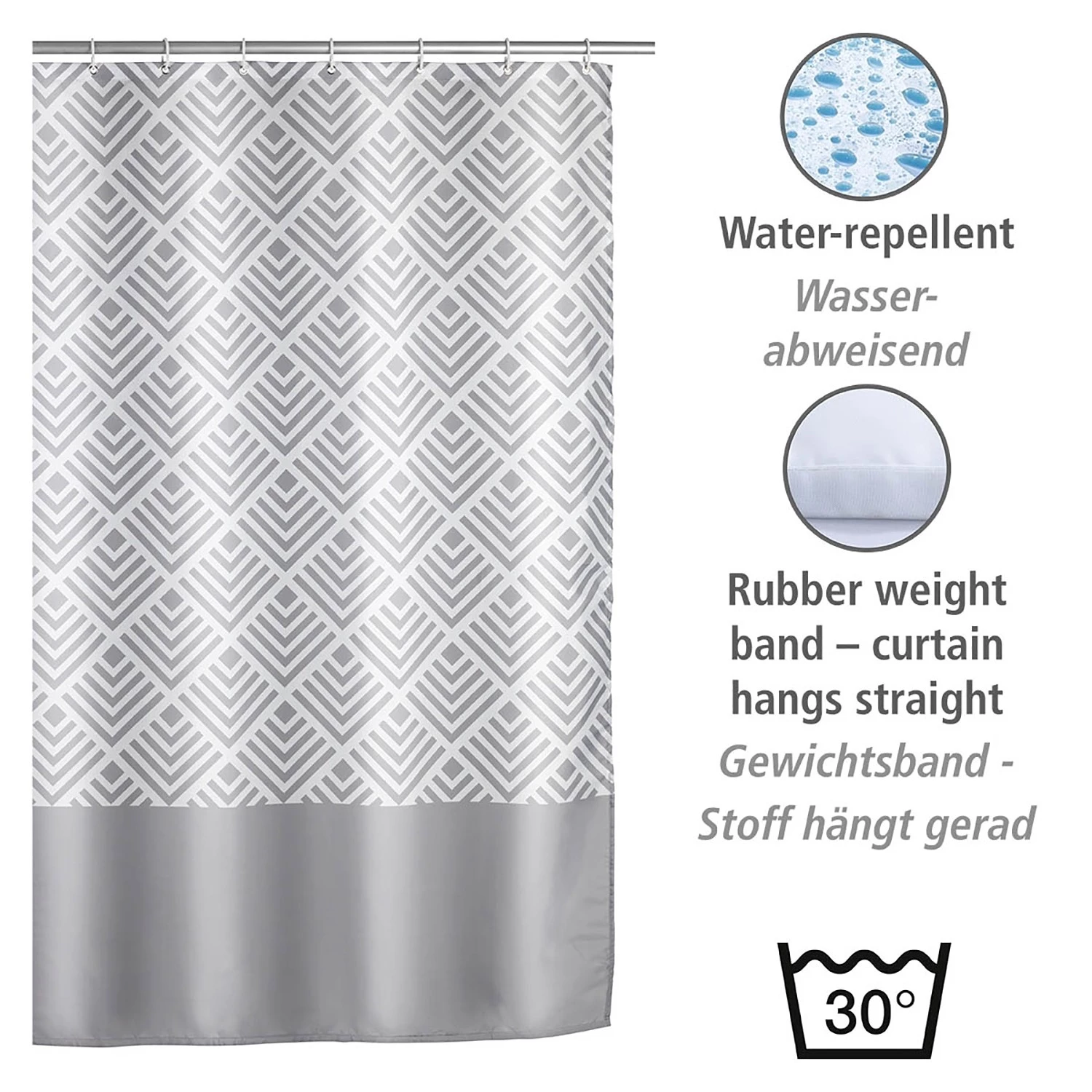 WENKO Rideau de douche Echo - Polyester - Gris / Blanc 3 WENKO Rideau de douche Echo - Polyester - Gris / Blanc – Image 3