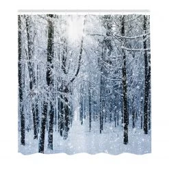 Twentyfour Rideau de douche Forêt enneigée - Polyester - Blanc / Bleu - 175 x 200 cm