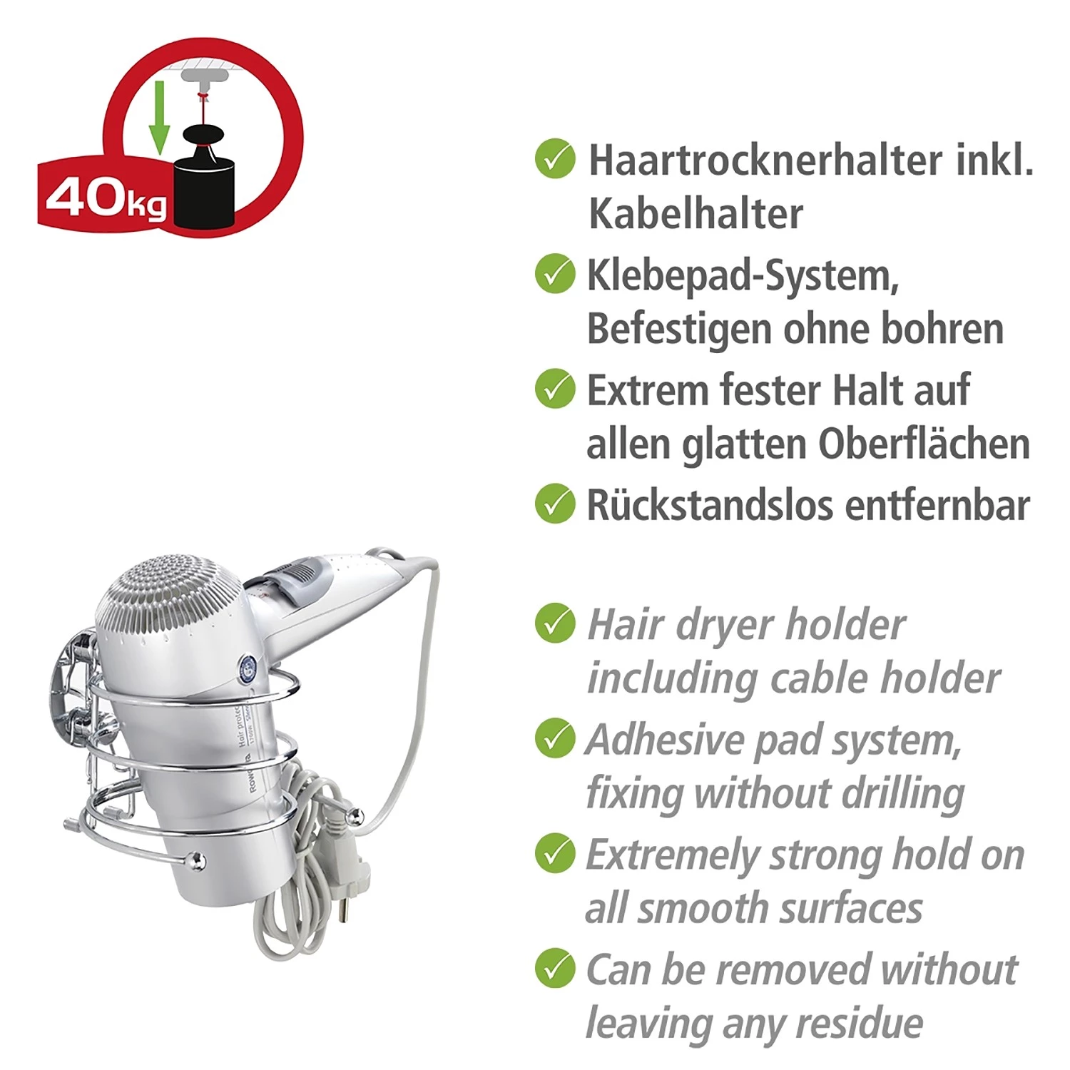 WENKO Porte sèche-cheveux Turbo-Loc Eperny - Acier - Argenté 5 WENKO Porte sèche-cheveux Turbo-Loc Eperny - Acier - Argenté – Image 5