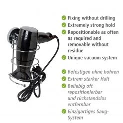 WENKO Porte sèche-cheveux Vacuum-Loc Glostrup - Acier - Argenté -Accessoires de salle de bain Soldes 1000333084 220218 032 DETAILS P000000001000333084