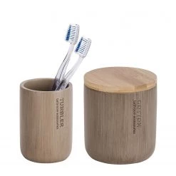 WENKO Accessoires de salle de bain Star - 2 éléments - Polyrésine / Bambou massif - Taupe / Bambou