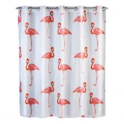 WENKO Rideau de douche Flamingo Flex - Fibres synthétiques - Blanc / Rose vif